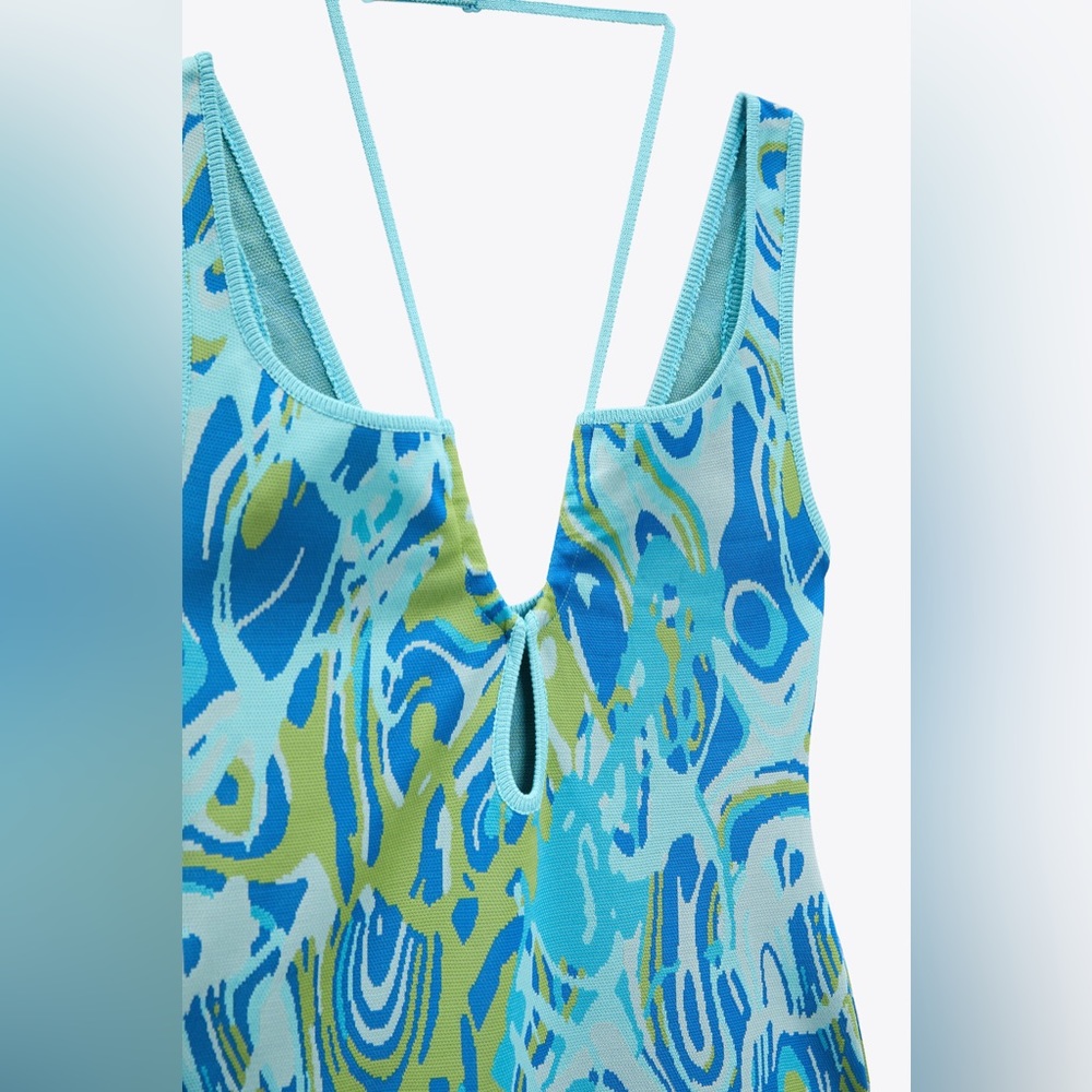 Zara Light Blue Print Cut out Jacquard Midi Size M - Picture 4 of 14